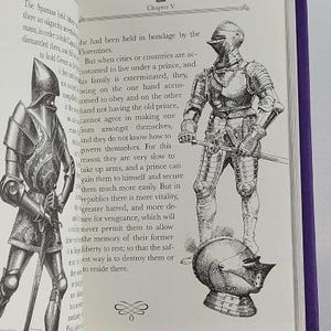 May include: A black and white illustration of a knight in armour holding a sword. The knight is standing on a round object with spikes. The text "Chapter V" is visible at the top of the page.