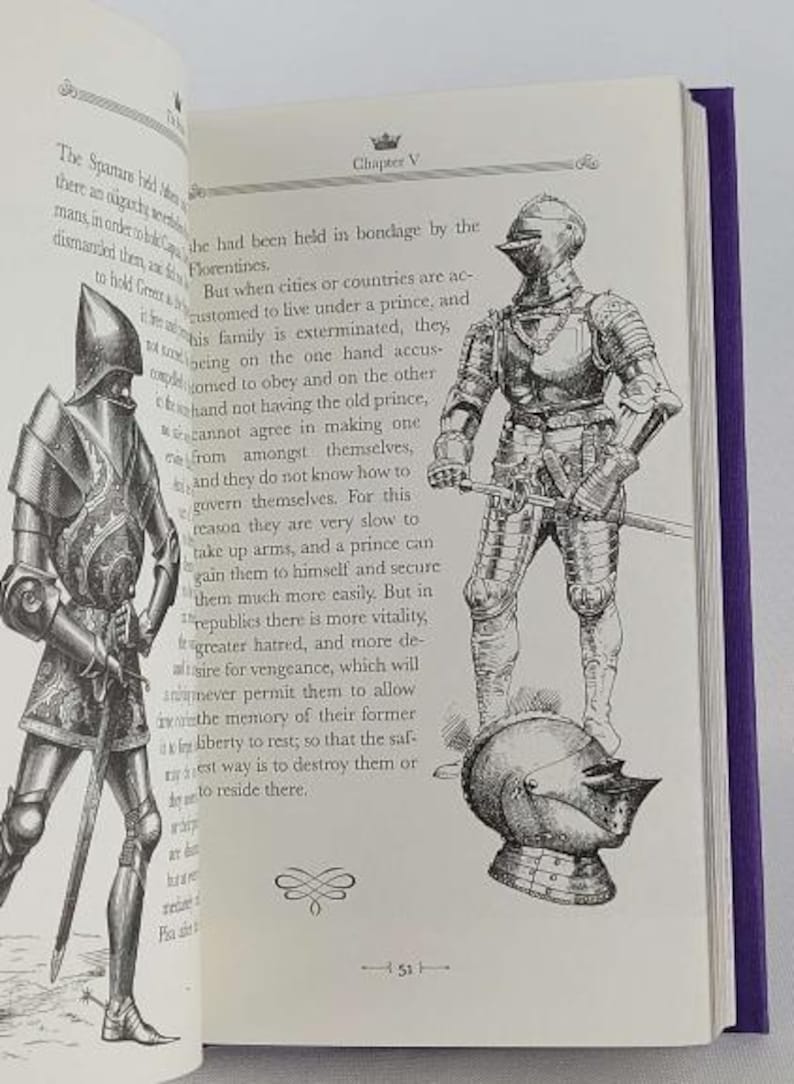May include: A black and white illustration of a knight in armour holding a sword. The knight is standing on a round object with spikes. The text "Chapter V" is visible at the top of the page.