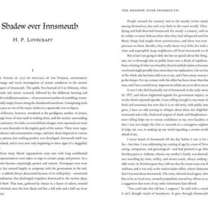 May include: A page from a vintage book titled "The Shadow over Innsmouth" by H.P. Lovecraft. The text describes a strange and secret investigation of certain conditions in the ancient Massachusetts seaport of Innsmouth.