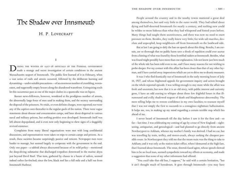 May include: A page from a vintage book titled "The Shadow over Innsmouth" by H.P. Lovecraft. The text describes a strange and secret investigation of certain conditions in the ancient Massachusetts seaport of Innsmouth.
