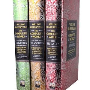 May include: A set of William Shakespeare's complete works, including comedies, tragedies, and histories. The books have decorative floral patterns in green, orange, and red. The text "bookschangelife@Etsy" is visible at the bottom.