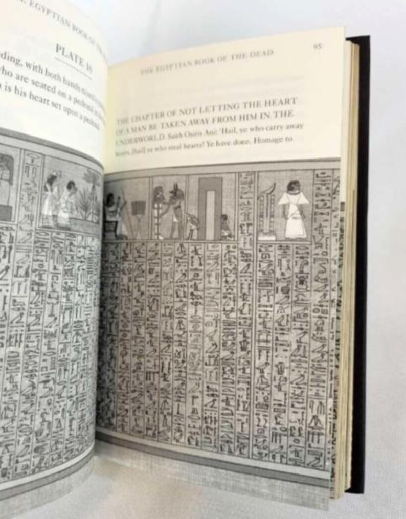 May include: A page from "The Egyptian Book of the Dead" with black and white illustrations and text. The text includes the phrase "The Chapter of Not Letting the Heart of a Man Be Taken Away From Him in the Underworld".