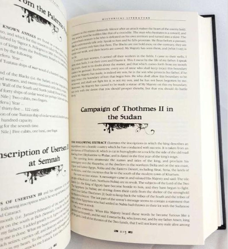 Puede incluir: Una p&aacute;gina de un libro sobre literatura hist&oacute;rica, con una ilustraci&oacute;n en blanco y negro de una cabeza de fara&oacute;n y el texto "Campa&ntilde;a de Tutmosis II en Sud&aacute;n".