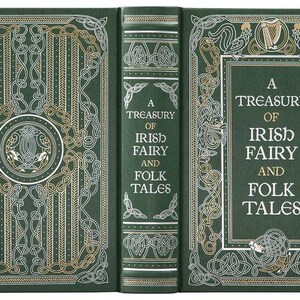Może przedstawiać: Zielona książka z wzorem celtyckiego węzła w kolorze złotym i białym na okładce. Tytuł to "A Treasury of Irish Fairy and Folk Tales".