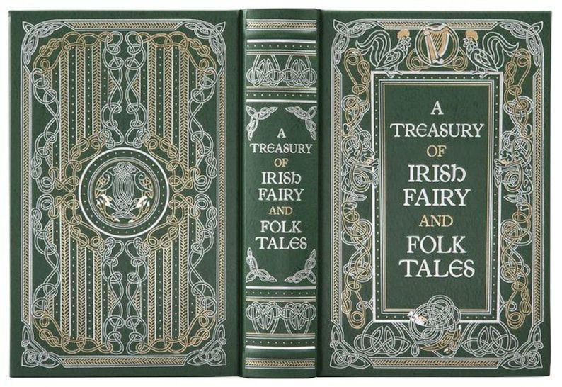 Może przedstawiać: Zielona książka z wzorem celtyckiego węzła w kolorze złotym i białym na okładce. Tytuł to "A Treasury of Irish Fairy and Folk Tales".