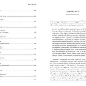 May include: A black and white page from a book with a table of contents listing authors and titles of short stories. The page also includes an introduction to the book, which discusses the history of supernatural horror fiction.