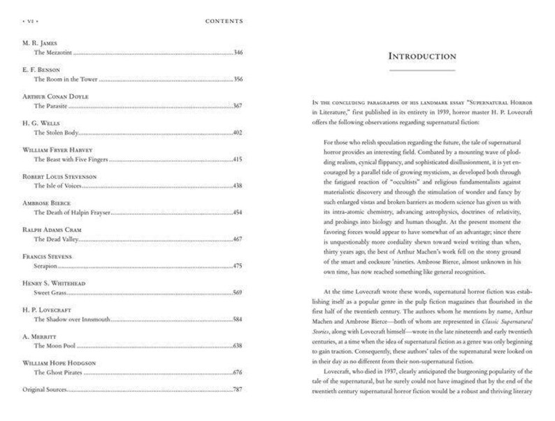 May include: A black and white page from a book with a table of contents listing authors and titles of short stories. The page also includes an introduction to the book, which discusses the history of supernatural horror fiction.
