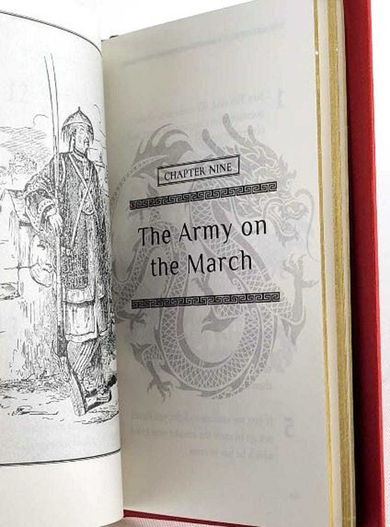 May include: A black and white illustration of a person in a traditional Chinese outfit standing in front of a building. The text "Chapter Nine The Army on the March" is printed on the page.