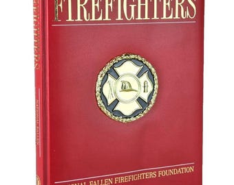 Rare - FIREFIGHTERS with padded cover & embossed medallion (14"x10") Leather Bound Deluxe Gift Book