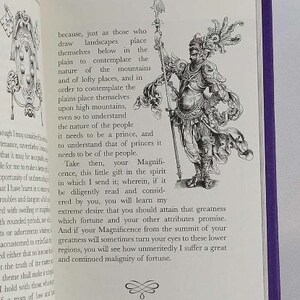 May include: A black and white illustration of a knight in armour holding a spear. The knight is standing on a pedestal with a decorative design. The text "Take then, your Magnificence, this little gift in the spirit in which I send it, wherein, if it be diligently read and considered by you, you will learn my extreme desire that you should attain that greatness which fortune and your other attributes promise. And if your Magnificence from the summit of your greatness will sometimes turn your eyes to these lower regions, you will see how unmeritedly I suffer a great and continued malignity of fortune." is printed below the illustration.
