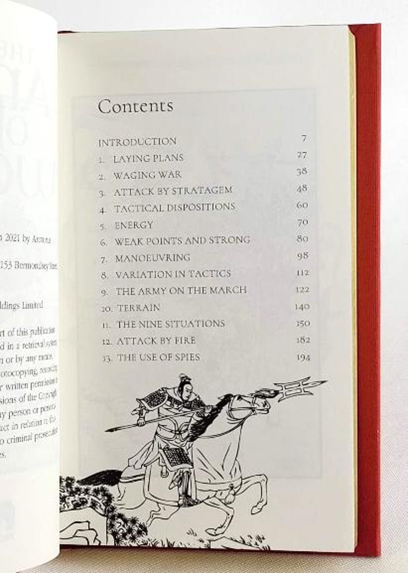 May include: A black and white illustration of a warrior on horseback, holding a spear. The illustration is from a book titled "The Art of War" by Sun Tzu. The book's table of contents is visible on the page, listing chapters such as "Laying Plans", "Waging War", and "Attack by Stratagem".