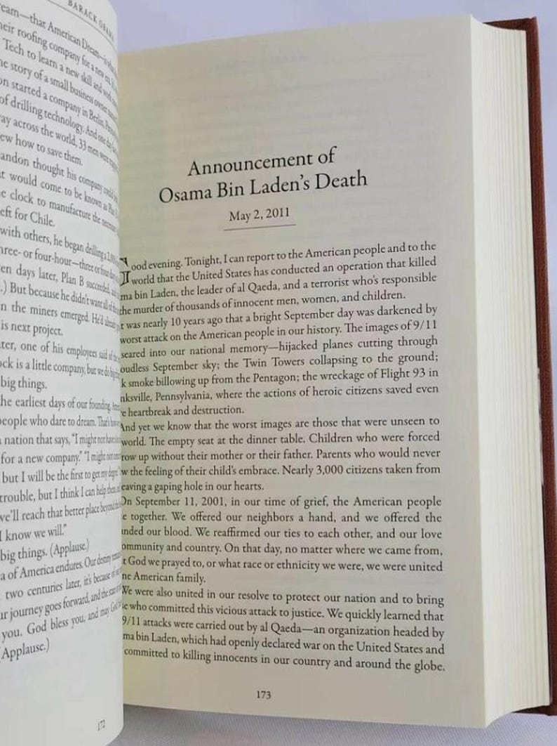 May include: A black and white book page with the text "Announcement of Osama Bin Laden's Death" and the date "May 2, 2011". The text below the title describes the death of Osama Bin Laden and the events of 9/11.