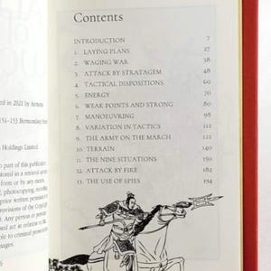 May include: A black and white illustration of a warrior on horseback, holding a spear. The illustration is from a book titled "The Art of War" by Sun Tzu. The book's table of contents is visible on the page, listing chapters such as "Laying Plans", "Waging War", and "Attack by Stratagem".