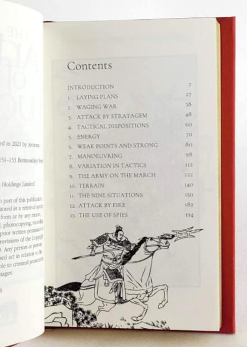 May include: A black and white illustration of a warrior on horseback, holding a spear. The illustration is from a book titled "The Art of War" by Sun Tzu. The book's table of contents is visible on the page, listing chapters such as "Laying Plans", "Waging War", and "Attack by Stratagem".