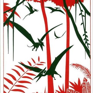 May include: A red and green illustration of a jungle scene with flying pterosaurs. The pterosaurs are black silhouettes against a white background. The jungle is depicted with red and green foliage.