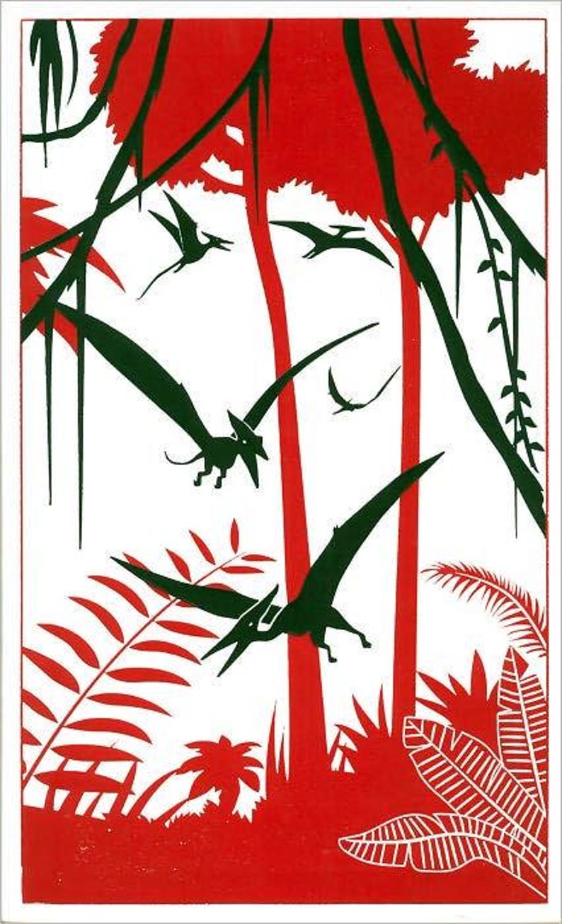 May include: A red and green illustration of a jungle scene with flying pterosaurs. The pterosaurs are black silhouettes against a white background. The jungle is depicted with red and green foliage.