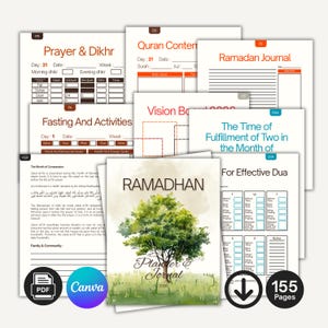 Könnte beinhalten: Eine Sammlung druckbarer Ramadan-Journale und -Planer. Das Cover des Hauptjournals zeigt eine Aquarellillustration eines Baumes. Die Journale enthalten Abschnitte für Gebete, Koran-Inhalte, Fasten und Aktivitäten. Das Bild enthält auch PDF- und Canva-Symbole.