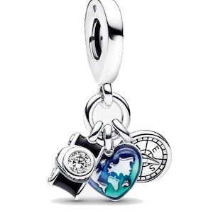 Camera, Heart & Compass Triple Dangle Charm Fit Bracelet Necklace, 925 Sterling Silver, Gift for Her, Birthday gift,