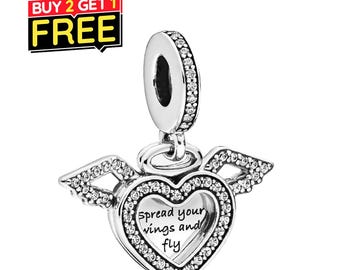 Heart and Angel Wings Dangle Charm Fit Bracelet Necklace, 925 Sterling Silver, Gift for Her, Birthday gift,
