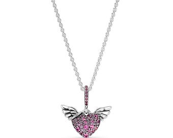 Pavé Heart & Angel Wings Necklace, 925 Sterling Silver, Gift for Her, Birthday gift,