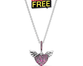 Pavé Heart & Angel Wings Necklace 17.7In (45cm), 925 Sterling Silver, Gift for Her, Birthday gift,