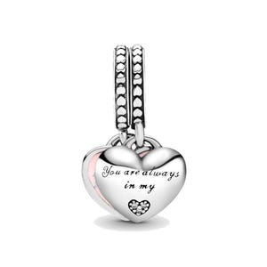 Mother & Daughter Hearts Dangle Charm Fit Pandora Bracelet Necklace, 925 Sterling Silver, Gift for Her, Birthday gift,