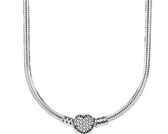 Sparkling Love Heart Snake Chain Necklace, 925 Sterling Silver, Gift for Her, Birthday gift,