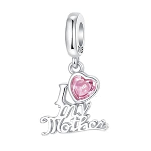 I Love My Mother Pink Heart Dangle Charm Fit Pandora Bracelet Necklace, 925 Sterling Silver, Gift for Her, Birthday gift,
