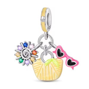 Summer Vacation Bag Charm For Bracelet, Heart Glasses Sun Dangle Charm, 925 Sterling Silver, Gift for Her, Birthday gift,