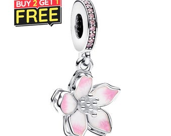 Cherry Blossom Dangle Charm Fit Bracelet Necklace, 925 Sterling Silver, Gift for Her, Birthday gift, European Style Charm, Dyı
