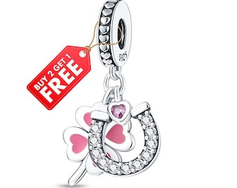 Lucky Clover & Horseshoe Dangle Charm Fit Bracelet Necklace, 925 Sterling Silver, Gift for Her, Birthday gift,