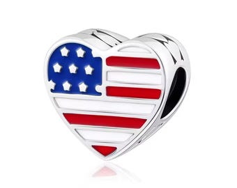 USA Heart Charm Fit Bracelet Necklace, 925 Sterling Silver, Gift for Her, Birthday gift,