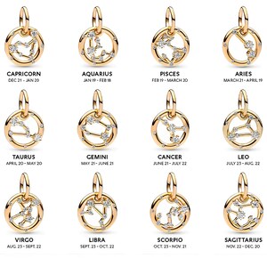 May include: Gold-toned zodiac charm pendants with constellations and sparkling accents. Each pendant features a different zodiac sign, with the sign's name and dates displayed below. The pendants are round with a loop at the top for attaching to a chain.