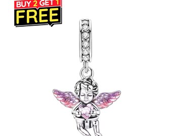 Wings Heart Angel Dangle Charm Fit Bracelet Necklace, 925 Sterling Silver, Gift for Her, Birthday gift,