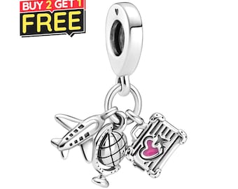 Airplane, Globe & Suitcase Dangle Charm Fit Bracelet Necklace, 925 Sterling Silver, Gift for Her, Birthday gift, European Style Charm, DYI,
