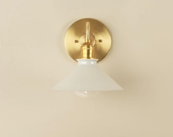 Brass Wall Fixture - Modern Sconces - Industrial Lighting - Metal Shade - Wall Sconce Gold White