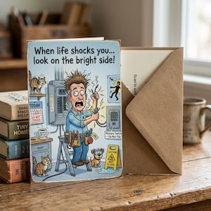 Puede incluir: Una tarjeta de felicitación con una ilustración de dibujos animados de una persona con el pelo revuelto sobre una escalera, sosteniendo cables eléctricos expuestos. El texto dice: When life shocks you... look on the bright side! Incluye un gato, un perro y un letrero.
