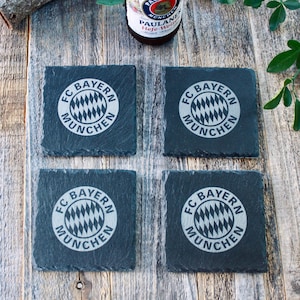 Ensemble de sous-verres fait main FC Bayern, pierre gravée avec logo FC Bayern München pour l&#39;équipe de football de Bavière basée à Munich