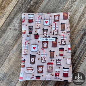 Handmade Quilted Book Sleeve: Coffee Time Design in 3 Sizes, Magnetic Closure