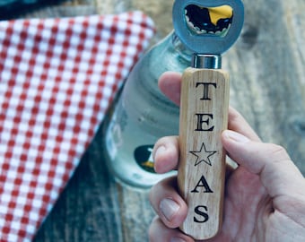 Apribottiglie in legno del Texas inciso: contorno dello stato, manico in rovere