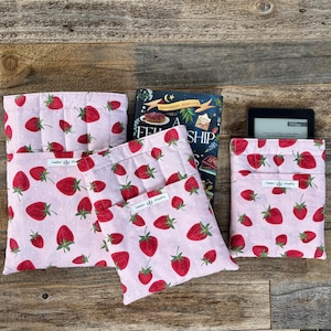 Strawberry Fields Handmade Quilted Book Sleeve, Padded Kindle iPad Protector with Pocket (Magnetic Closure)