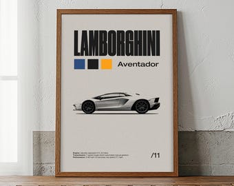 Póster de Lamborghini Aventador / Arte mural deportivo de mediados de siglo para hombre (Descarga digital)