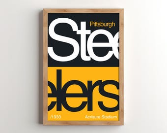 May include: A framed poster with a black and yellow design. The word "Steelers" is written in white and black letters. The text "Pittsburgh" and "Acrisure Stadium" are also included. The year "1933" is printed at the bottom.