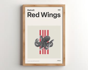 Lámina artística de mediados de siglo de los Detroit Red Wings / Decoración de pared moderna vintage (Descarga digital)