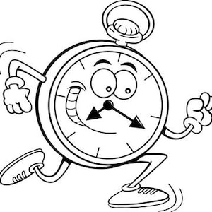 Puede incluir: Una ilustración de dibujos animados en blanco y negro de un reloj con cara y brazos corriendo. El reloj tiene un ojo guiñando y una gran sonrisa.