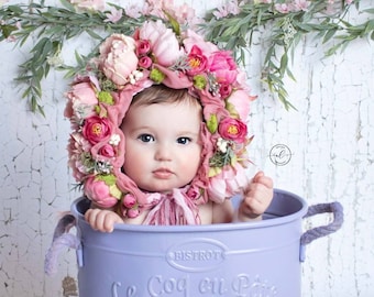 Floral Knit Baby Bonnet: Pink Hydrangea Garden Photo Prop