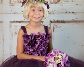 Flower girl dress Deep Purple and Lavender tutu dress, flower top, hydrangea top, toddler tutu dress