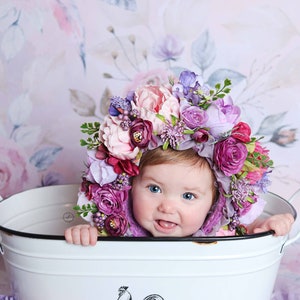 Garden Bonnet, Knit Baby Bonnet, Baby Photo Prop, Newborn Photo Prop, Newborn Baby Girl Hat, Baby Hat, Knit Baby Hat, Purple bonnet