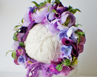 Garden Bonnet, Knit Baby Bonnet, Baby Photo Prop, Newborn Photo Prop, Newborn Baby Girl Hat, Baby Hat, Knit Baby Hat, Purple bonnet