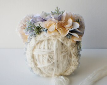 Floral Bear Bonnet: Knitted Baby Photo Prop